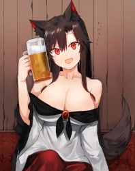 Rule 34 | 1girl, :d, alcohol, animal ear fluff, animal ears, bad id, bad pixiv id, bare shoulders, beer, beer mug, blush, breasts, brooch, brown hair, cleavage, collarbone, commentary request, couch, cup, dress, fang, hair between eyes, hand up, head tilt, holding, holding cup, imaizumi kagerou, indoors, jewelry, large breasts, long hair, long sleeves, looking at viewer, mug, nose blush, off-shoulder dress, off shoulder, open mouth, red eyes, sidelocks, sitting, skin fang, smile, solo, suminagashi, sweat, tail, touhou, translated, upper body, white dress, wide sleeves, wolf ears, wolf tail