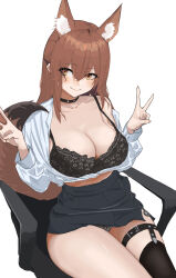Rule 34 | 1girl, absurdres, animal ear fluff, animal ears, arknights, bare shoulders, black bra, black choker, black tail, black thighhighs, blush, bra, breasts, brown hair, brown tail, chair, chinese commentary, choker, cleavage, closed mouth, collarbone, commentary request, cowboy shot, double v, eyes visible through hair, fingernails, fox ears, fox girl, fox tail, franka (arknights), grey panties, grey skirt, hair between eyes, hands up, highres, large breasts, light smile, long fingernails, long hair, long sleeves, looking to the side, miniskirt, off shoulder, on chair, panties, pencil skirt, sharp fingernails, shirt, simple background, single thighhigh, sitting, sketch, skirt, solo, swivel chair, tail, tail raised, taozi (user ypya4274), thigh strap, thighhighs, underwear, v, white background, white shirt, yellow eyes