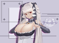 Rule 34 | 1girl, absurdres, azur lane, bare shoulders, black dress, breasts, cleavage, clothing cutout, dress, formidable (azur lane), frilled dress, frills, gothic lolita, hair ribbon, highres, huge breasts, logo, lolita fashion, long hair, midfinger, neckwear between breasts, platinum blonde hair, red eyes, ribbon, shoulder cutout, simple background, solo, twintails, two-tone dress, two-tone ribbon, upper body, very long hair