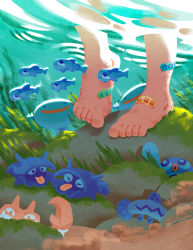 Rule 34 | 1other, bandaid, bandaid on foot, barboach, barefoot, closed eyes, commentary, creature, creatures (company), english commentary, feet, fish, game freak, gen 1 pokemon, gen 2 pokemon, gen 3 pokemon, gen 7 pokemon, highres, horns, krabby, looking at viewer, nintendo, nnchan, oddish, pikachu, pokemon, pokemon (creature), poliwag, rock, shellder, standing, tongue, tongue out, wishiwashi, wishiwashi (solo), wooper