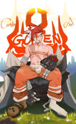 Rule 34 | 1boy, abs, alchemy stars, bandages, bara, bulge, covered penis, facial hair, goatee stubble, headband, highres, large pectorals, looking to the side, male focus, mature male, mechanical arms, modachai (weibo5622674859), mouth hold, muscular, muscular male, navel, nipples, orange pants, pants, pectorals, red hair, scar, scar on chest, short hair, single mechanical arm, sinsa (alchemy stars), solo, stalk in mouth, stomach, strongman waist, stubble, sweaty clothes, thick eyebrows, toothpick, topless male, white hair, yellow eyes