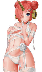 Rule 34 | 1girl, bandaged arm, bandaged leg, bandages, bikini, bikini bottom only, blue eyes, breasts, closed mouth, collarbone, commentary request, cowboy shot, double bun, fate/apocrypha, fate (series), flower, frankenstein&#039;s monster (fate), frankenstein&#039;s monster (swimsuit saber) (fate), frankenstein&#039;s monster (swimsuit saber) (third ascension) (fate), hair bun, hair ornament, hand on own chest, headgear, highres, horns, legs apart, looking down, medium breasts, navel, red hair, short hair, simple background, sin (kami148), single horn, solo, standing, swimsuit, wet, white background, white bikini