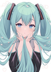 Rule 34 | 1girl, bare shoulders, black sleeves, blue eyes, blush, commentary, crossed bangs, detached sleeves, expressionless, eyelashes, green hair, hair between eyes, hands up, hatsune miku, highres, holding, holding own hair, kamachi (kamati0maru), long hair, looking at viewer, parted lips, petal on head, simple background, solo, tsurime, twintails, twintails day, upper body, very long hair, vocaloid, white background, wide sleeves