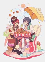 Rule 34 | 2boys, 4 (nakajima4423), ahoge, banana, banana slice, black footwear, black hair, blush, brown headwear, brown pants, buttons, candy, checkerboard cookie, cloud, commentary request, cookie, cup, cupcake, disposable cup, doughnut, drinking straw, ensemble stars!, food, fork, fruit, full body, gingerbread house, hair between eyes, hand up, hands up, hat, head rest, heart, holding, holding food, holding fork, ice cream, jacket, kiwi (fruit), kiwi slice, konpeitou, lapels, long sleeves, male focus, multiple boys, open mouth, orange (fruit), orange slice, oversized food, oversized object, pants, purple eyes, red eyes, red hair, sakuma ritsu, shirt, shoes, short hair, sidelocks, simple background, sitting, smile, soda, spoon, star (symbol), striped clothes, striped pants, sugar cube, suou tsukasa, tilted headwear, top hat, tree, umbrella, v-shaped eyebrows, vertical-striped clothes, vertical-striped pants, whipped cream, white background, white jacket, white pants, white shirt, yellow jacket