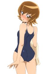 Rule 34 | 1girl, absurdres, ass, back, blush, breasts, brown eyes, brown hair, heartcatch precure!, highres, looking back, myoudouin itsuki, open mouth, precure, school swimsuit, shiny clothes, shiny skin, short hair, small breasts, solo, standing, sweat, sweatdrop, swimsuit, towel