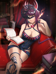 Rule 34 | 1girl, absurdres, adapted costume, bare shoulders, blush, book, breasts, brooch, burnt green tea, chalice, cleavage, couch, crossed legs, cup, elbow gloves, elbow rest, fire, fire emblem, fire emblem engage, fishnet thighhighs, fishnets, floral print, flower, flower brooch, gloves, green eyes, highres, holding, holding book, ivy (fire emblem), jewelry, large breasts, mole, mole under mouth, nintendo, on couch, open book, purple hair, red flower, red rose, rose, sitting, solo, spikes, steam, thighhighs, thorn print, watermark, white gloves