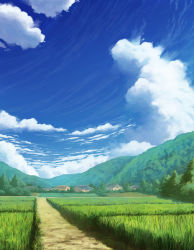 Rule 34 | aoha (twintail), blue sky, cloud, cloudy sky, commentary request, day, field, forest, grass, house, mountain, nature, no humans, outdoors, path, road, scenery, sky, tree, village