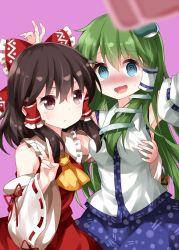Rule 34 | 2girls, :/, :d, @ @, ascot, black hair, blue eyes, blush, bow, grabbing another&#039;s breast, brown eyes, detached sleeves, eyes visible through hair, frilled bow, frills, grabbing, green theme, hair between eyes, hair bow, hair ornament, hair tubes, hakurei reimu, highres, kochiya sanae, long hair, looking at viewer, multiple girls, nose blush, open mouth, pink background, red bow, ribbon-trimmed sleeves, ribbon trim, ruu (tksymkw), selfie, simple background, smile, snake hair ornament, tears, touhou, v, v-shaped eyebrows, wavy mouth, wide sleeves, yellow ascot