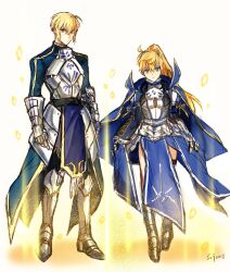 Rule 34 | 1boy, 1girl, ahoge, armor, arthur pendragon (fate), artist name, artoria pendragon (all), artoria pendragon (fate), blonde hair, blue cape, blue dress, breastplate, cape, commentary request, dress, fate/grand order, fate (series), full body, gauntlets, genderswap, genderswap (ftm), genderswap (mtf), green eyes, highres, light particles, looking at viewer, ponytail, recursive genderswap, sabaton, saber (fate), sangzhujun, simple background, waist cape, white background
