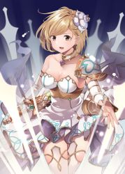 Rule 34 | 1girl, bare shoulders, blonde hair, blush, breasts, brown eyes, byte (allbyte), cleavage, collarbone, commentary request, detached sleeves, djeeta (granblue fantasy), granblue fantasy, hair ornament, highres, looking at viewer, medium breasts, nontraditional miko, short hair, solo