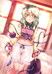 Rule 34 | bed, bloomers, blush, breasts, collar, commentary request, green eyes, green hair, half-closed eyes, hat, unworn hat, unworn headwear, highres, hip focus, holding, holding clothes, holding hat, knees together feet apart, komeiji koishi, legs together, looking at viewer, medium breasts, medium hair, messy hair, navel, no pants, nomayo, open clothes, open mouth, open shirt, pillow, puffy sleeves, sunlight, thigh gap, third eye, touhou, underwear, window