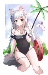 Rule 34 | absurdres, animal ear fluff, animal ears, arknights, black one-piece swimsuit, breasts, cai ling, cat ears, cat girl, cat tail, cloud, cloudy sky, covered navel, cropped legs, day, feet out of frame, flower, green eyes, grey hair, hair flower, hair ornament, hairclip, hand up, highres, infection monitor (arknights), innertube, long hair, looking at viewer, one-piece swimsuit, outdoors, palm tree, rock, rosmontis (arknights), sitting, sky, small breasts, smile, strap slip, swim ring, swimsuit, tail, thigh strap, tree, white flower