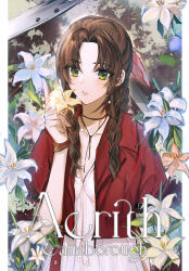 Rule 34 | 1girl, aerith gainsborough, blue flower, braid, braided ponytail, brown hair, character name, commentary, cropped jacket, dress, english commentary, final fantasy, final fantasy vii, final fantasy vii remake, flower, forehead, green eyes, hair ribbon, highres, holding, holding flower, index finger raised, jacket, kkkovo, long hair, looking at viewer, open clothes, open jacket, parted bangs, pillarboxed, pink dress, pink ribbon, red jacket, ribbon, short sleeves, sidelocks, solo, wavy hair, yellow flower