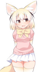 Rule 34 | 10s, 1girl, animal ears, arms behind back, bad id, bad pixiv id, black hair, blonde hair, blush, brown eyes, fennec (kemono friends), fox ears, fox tail, highres, kemono friends, multicolored hair, pink sweater, puffy short sleeves, puffy sleeves, short-sleeved sweater, short hair, short sleeves, silver hair, simple background, sweater, tail, uccow, white background