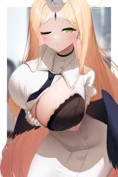 Rule 34 | absurdres, ayumu (blue archive), black bra, black wings, blonde hair, blue archive, bra, breasts, dress, forehead jewel, gloves, green eyes, halo, highres, huge breasts, long hair, looking at viewer, nicorima, one breast out, one eye closed, taut clothes, underwear, very long hair, white gloves, wings
