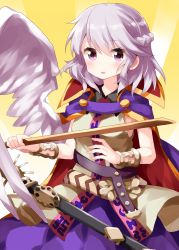 Rule 34 | 1girl, beige blouse, belt, black belt, blouse, blush, bracelet, braid, breasts, cape, commentary request, cosplay, cowboy shot, feathered wings, french braid, gradient background, hair between eyes, highres, holding, jewelry, kishin sagume, looking at viewer, parted lips, purple cape, purple eyes, purple skirt, ritual baton, ruu (tksymkw), shirt, short hair, silver hair, single wing, skirt, sleeveless, sleeveless shirt, small breasts, solo, touhou, toyosatomimi no miko, toyosatomimi no miko (cosplay), white wings, wings, yellow background