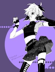 Rule 34 | 1girl, belt, commentary, contrapposto, cowboy shot, dated, elbow gloves, emu (marico w), fingerless gloves, fishnet top, fishnets, flower (vocaloid), flower (vocaloid4), gloves, greyscale, greyscale with colored background, highres, holding, holding microphone, looking at viewer, microphone, monochrome, multicolored hair, multiple monochrome, music, purple background, short hair, singing, skirt, solo, streaked hair, suspenders, thighhighs, twitter username, vocaloid, wristband