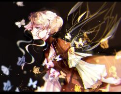 Rule 34 | 1girl, beatrice (umineko), blonde hair, blurry, brown background, bug, butterfly, dress, frilled sleeves, frills, from side, hair up, insect, insect wings, long sleeves, shizijiadixinyuanhe, solo, striped, umineko no naku koro ni, vertical stripes, wings
