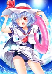 Rule 34 | 1girl, ;d, absurdres, alternate costume, bad id, bad pixiv id, blue hair, fang, has bad revision, has downscaled revision, hat, highres, innertube, irori, looking at viewer, md5 mismatch, one eye closed, open mouth, pleated skirt, red eyes, remilia scarlet, resolution mismatch, school swimsuit, school uniform, serafuku, skirt, smile, solo, source smaller, swim ring, swimsuit, swimsuit under clothes, touhou, wink