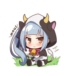 Rule 34 | 1girl, alternate costume, animal costume, animal ears, animal print, bell, blush, brown eyes, chibi, collar, commentary request, cow, cow costume, cow ears, cow girl, cow horns, cow print, cow tail, cowbell, crossed arms, grass, hair ribbon, hood, hoodie, horns, kantai collection, kasumi (kancolle), kasumi kai ni (kancolle), long hair, long sleeves, looking at viewer, neck bell, nueco, ribbon, side ponytail, silver hair, simple background, sitting, solo, sweatdrop, tail, white background