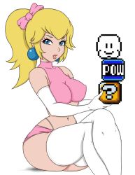 Rule 34 | 1girl, ? block, bare shoulders, blonde hair, blue eyes, bow, breasts, cloud, collarbone, earrings, elbow gloves, gloves, hair bow, highres, impossible clothes, jewelry, large breasts, lips, long hair, mario (series), midriff, miniskirt, navel, ne1v1a, nintendo, parted lips, ponytail, pow block, princess peach, simple background, sitting, skirt, solo, thighhighs, thong, white background, white gloves, white thighhighs