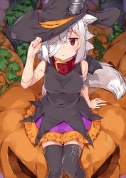 Rule 34 | 1girl, adyisu, albino, altair floone, arm at side, bandage over one eye, bandages, bare shoulders, black hat, black thighhighs, blush, breasts, commentary request, feet, frilled skirt, frills, halloween, halloween costume, hand on headwear, hand up, hat, ivy, jack-o&#039;-lantern, kemonomimi mode, looking at viewer, miniskirt, one eye covered, original, parted lips, pink skirt, print thighhighs, pumpkin, red eyes, screw, short hair, sitting, skirt, sleeveless, small breasts, solo, spider web print, stitches, tail, thighhighs, white hair, witch hat, zettai ryouiki