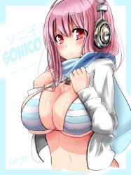 Rule 34 | 1girl, bikini, blush, border, breasts, character name, headphones, large breasts, long hair, looking at viewer, nitroplus, pink hair, red eyes, scarf, shiny skin, skindentation, solo, striped bikini, striped clothes, super sonico, swimsuit, unzipped, upper body, zerion, zerion (pixiv1780570), zipper
