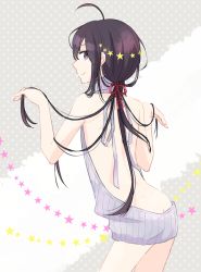 Rule 34 | 10s, 1boy, ahoge, ass, backless outfit, bad id, bad pixiv id, bare arms, bare back, bare shoulders, black hair, butt crack, closed mouth, cowboy shot, dress, from behind, hair ornament, halterneck, long hair, looking back, low ponytail, male focus, meme attire, namazuo toushirou, ponytail, profile, purple eyes, ritsu (iqpi), sidelocks, sleeveless, sleeveless turtleneck, smile, solo, standing, star (symbol), star hair ornament, sweater, sweater dress, touken ranbu, turtleneck, turtleneck sweater, very long hair, virgin killer sweater, w arms