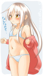Rule 34 | 1girl, bikini, collarbone, commentary request, grey background, groin, jacket, kantai collection, kikuzuki (kancolle), long hair, one-hour drawing challenge, ray.s, red jacket, solo, standing, swimsuit, translation request, white bikini, white hair, yellow eyes