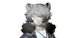 Rule 34 | 1boy, animal ears, arknights, bear boy, bear ears, fur-trimmed jacket, fur trim, grey jacket, hair over one eye, jacket, jaye (arknights), jewelry, looking to the side, male focus, necklace, one eye covered, pptsy, vitiligo, white background