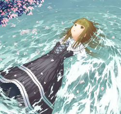 Rule 34 | 1girl, bow, brown eyes, brown hair, dress, long hair, lying, on back, original, pantyhose, petals, ripples, solo, water, wet, wet clothes, yamamoto shima