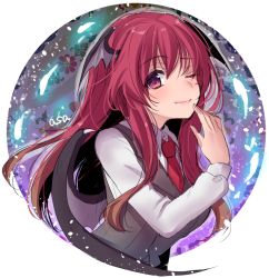 Rule 34 | 1girl, ;), artist name, asa (coco), blush, demon girl, eyebrows, fang, fang out, head wings, koakuma, long hair, long sleeves, looking at viewer, necktie, one eye closed, outside border, red eyes, red hair, round image, signature, smile, solo, touhou, upper body, vest, wings