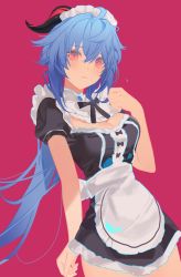 Rule 34 | 1girl, absurdres, alternate costume, apron, blue hair, breasts, cleavage, enmaided, ganyu (genshin impact), genshin impact, hair between eyes, highres, horns, large breasts, long hair, looking at viewer, maid, maid apron, maid headdress, medium breasts, simple background, solo, tr (hareru)