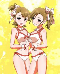 Rule 34 | artist name, artist request, bikini, breasts, brown eyes, brown hair, cleavage, closed mouth, commentary, futami ami, futami mami, highres, idolmaster, idolmaster (classic), interlocked fingers, long hair, looking at viewer, medium breasts, navel, open mouth, short hair, siblings, side ponytail, sisters, smile, swimsuit, symbol-only commentary, twins, white bikini, wrist cuffs