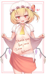 Rule 34 | 1girl, ascot, blonde hair, bloomers, bloomers pull, blush, body writing, clothes lift, clothes pull, collared shirt, commentary request, english text, fang, flandre scarlet, frilled shirt collar, frills, half-closed eyes, harunoha, hat, hat ribbon, heart, highres, lifted by self, looking at viewer, milestone celebration, mob cap, navel, one side up, open mouth, puffy short sleeves, puffy sleeves, red eyes, red skirt, ribbon, shirt, shirt lift, short hair, short sleeves, skin fang, skirt, skirt pull, smug, solo, stomach, touhou, underwear, yellow ascot