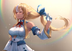 Rule 34 | 1girl, absurdres, blonde hair, blue bow, bow, breasts, cleavage, closed eyes, curry bowl, dark-skinned female, dark skin, detached sleeves, dress, elf, gloves, highres, hololive, large breasts, lens flare, long hair, pointy ears, red bow, shiranui flare, shiranui flare (1st costume), smile, untying hair, virtual youtuber, white dress, white gloves