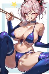 Rule 34 | 1girl, absurdres, alternate costume, areola slip, asymmetrical hair, bikini, blue bikini, blue eyes, blue sleeves, blue thighhighs, breast hold, breasts, cameltoe, chopsticks, cleavage, cleft of venus, covered erect nipples, detached sleeves, ebora, fate/grand order, fate (series), front-tie bikini top, front-tie top, highres, holding, holding chopsticks, large breasts, long hair, looking at viewer, miyamoto musashi (fate), navel, pink hair, ponytail, simple background, single sidelock, sitting, solo, spread legs, star (symbol), sweat, swimsuit, thighhighs, variant set