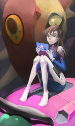 Rule 34 | 1girl, absurdres, acronym, animal print, armor, artist name, bodysuit, boots, bracer, breasts, brown eyes, brown hair, cable, closed mouth, commentary, d.va (overwatch), dated, earphones, gloves, handheld game console, highres, holding, knee pads, knees up, kyunghee yim, long hair, long sleeves, matching hair/eyes, mecha, medium breasts, meka (overwatch), monster hunter (series), nintendo 3ds, overwatch, overwatch 1, pauldrons, pilot suit, playing games, rabbit print, ribbed bodysuit, robot, shoulder armor, shoulder pads, sitting, skin tight, solo, sticker, thigh boots, thigh strap, thighhighs, turtleneck, white footwear, white gloves