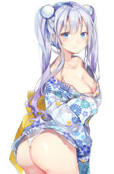 Rule 34 | 1girl, ass, blue eyes, blue hair, blush, breasts, cleavage, closed mouth, collarbone, cowboy shot, floral print, from side, hair bobbles, hair ornament, highres, japanese clothes, kimono, long hair, looking at viewer, looking back, medium breasts, original, panties, silver hair, simple background, smile, solo, takitou, twintails, twisted torso, underwear, white background, white panties, yukata