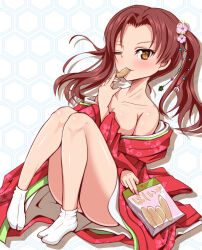 Rule 34 | 1girl, brown eyes, brown hair, chips (food), closed mouth, commentary, eating, floral print, flower, food, from above, girls und panzer, hair flower, hair ornament, holding, holding food, japanese clothes, kadotani anzu, kimono, long hair, long sleeves, looking at viewer, lying, off shoulder, on back, one eye closed, parted bangs, potato chips, print kimono, red kimono, sekai saisoku no panda, shadow, smile, socks, solo, tabi, textless version, twintails, white socks