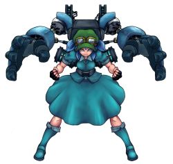 Rule 34 | 1girl, blue eyes, blue hair, boots, clenched hands, female focus, fingerless gloves, full body, gloves, goggles, goggles on headwear, hat, kawashiro nitori, key, looking at viewer, machine, matching hair/eyes, mechanical arms, short hair, simple background, single mechanical arm, skirt, smile, solo, terrajin, touhou, twintails, two side up, white background