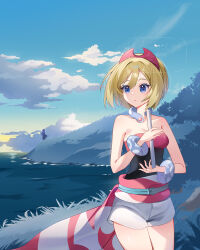 1girl blonde_hair blue_eyes breasts closed_mouth cloud coletta_(colet_colettia) collarbone commentary_request creatures_(company) day eyelashes flute game_freak grass highres holding holding_instrument instrument irida_(pokemon) jewelry looking_to_the_side neck_ring nintendo outdoors pokemon pokemon_legends:_arceus sash shirt short_hair shorts silhouette sky strapless strapless_shirt waist_cape water watermark white_shorts