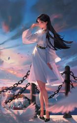 Rule 34 | 1girl, absurdres, anklet, arm up, belt, bird, black hair, brown eyes, building, chain, choker, closed mouth, cloud, dove, dress, feathers, high heels, highres, house, jewelry, legs, long hair, mountainous horizon, ocean, original, shi shihou, shoes, sky, smile, solo, standing, stiletto heels, water, white dress, wide sleeves