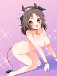 Rule 34 | 1girl, all fours, animal ears, bell, neck bell, blush, breasts, brown eyes, brown hair, character request, collar, cow ears, cow horns, cow tail, cowbell, hairband, highres, horns, large breasts, nipples, nude, open mouth, pretty series, pripara, short hair, solo, tail, takano natsuki, wristband