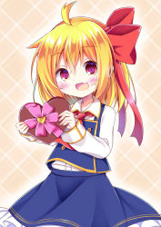 Rule 34 | 1girl, :d, ahoge, blonde hair, bow, candy, checkered background, chocolate, chocolate heart, esureki, fang, food, hair bow, hair ribbon, heart, highres, holding, looking at viewer, open mouth, orange eyes, ribbon, rumia, short hair, smile, solo, touhou, valentine