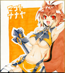 Rule 34 | 1girl, animal ears, antenna hair, arc system works, armpits, blazblue, blazblue: continuum shift, breasts, brown hair, character name, large breasts, makoto nanaya, midriff, navel, orange background, orange skirt, red eyes, revealing clothes, shikishi, short hair, skirt, solo, squirrel ears, squirrel tail, tail, tonfa, torimaru, traditional media, underboob, weapon