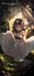 Rule 34 | 1girl, absurdres, arknights, arm strap, bandeau, black hair, black scarf, blurry, breasts, brown eyes, cleavage, depth of field, eunectes (arknights), feet, foot focus, foreshortening, goggles, goggles on head, hair ornament, highres, icecake, looking at viewer, midriff, navel, parted lips, pointy ears, scarf, see-through, short hair, sitting, small breasts, snake tail, soles, solo, sunlight, tail, toes, torn clothes, white legwear