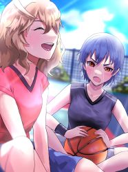 Rule 34 | 1girl, :d, absurdres, ball, basketball, basketball (object), basketball court, black shirt, black wristband, blue hair, blue shorts, blush, bob cut, breasts, brown hair, closed eyes, cloud, commentary, dutch angle, fence, foliage, hair between eyes, hanamonogatari, highres, holding, holding ball, indian style, kanbaru suruga, laughing, long hair, looking at another, medium breasts, monogatari (series), nari (nari149528), numachi rouka, on ground, open mouth, orange eyes, red shirt, shirt, short hair, shorts, sitting, sitting sideways, sky, sleeveless, smile, sweat, nervous sweating, t-shirt, thick eyebrows, tomboy, v-shaped eyebrows, very long hair, wavy hair, white shorts, wristband