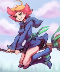 Rule 34 | 1girl, absurdres, ahoge, amanda o&#039;neill, bike shorts, boots, breasts, broom, day, dress, full body, green eyes, grin, highres, hood, little witch academia, long sleeves, medium breasts, multicolored hair, orange hair, red hair, short hair, sky, smile, solo, toasty scones, two-tone hair, witch