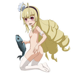 Rule 34 | 10s, 1girl, :d, antenna hair, arm garter, ass, back, blonde hair, breasts, caryo, drill hair, fang, fish, frederika (hitsugi no chaika), hairband, hitsugi no chaika, long hair, looking at viewer, looking back, lowres, midori boushi, nipples, nude, open mouth, red eyes, simple background, small breasts, smile, solo, thighhighs, very long hair, white background, white thighhighs